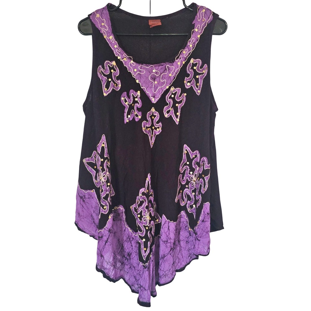 California Woman Purple Batik Tie‎ Dye Sleeveless Tank Top Tunic Free Size Boho